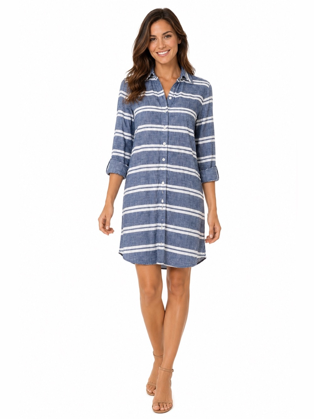 Ann Taylor LOFT Chambray Stripe Button Down Casual Shirt Dress